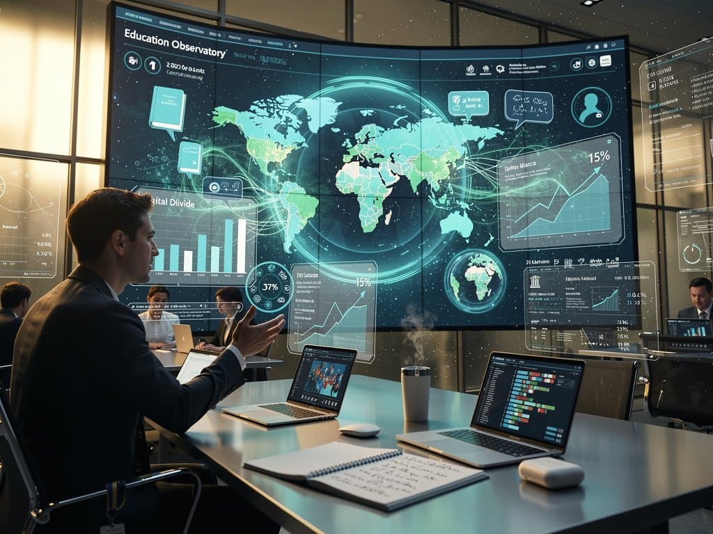 Digitales Dashboard mit KI-Bildungsdaten für Lateinamerika, UNESCO-Logo und EdTech-Elemente