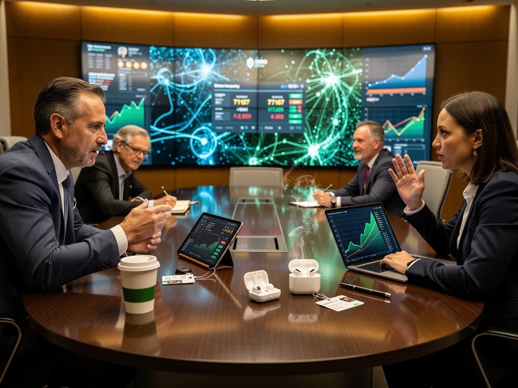 Ohio University Board-Meeting mit KI-Präsentation, Krypto-Charts und EdTech-Diskussion in modernem Campus-Raum