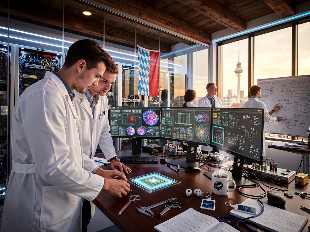 KI-Labor in Münchner Berufsschule mit Chip-Prototypen und AI-Monitoren