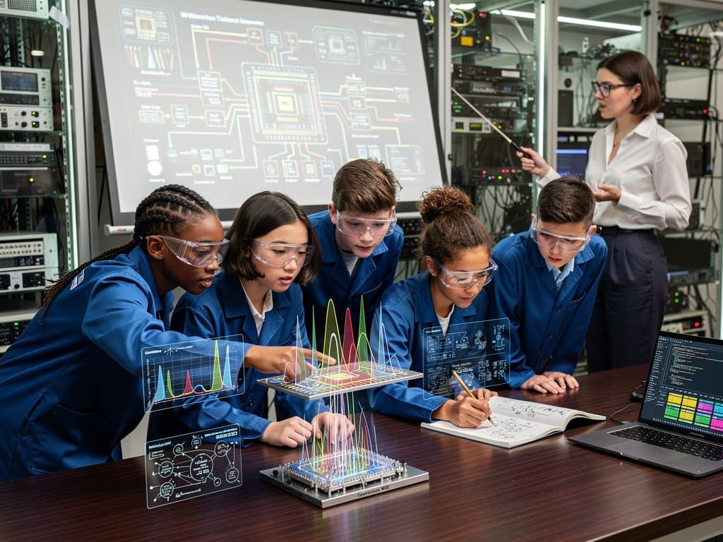 Schüler in Münchner Berufsschule-Labor untersuchen Cerebras Wafer-Chip-Modell mit Lehrer und Visualisierungen
