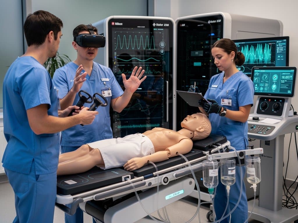KI-Simulationslabor für Anästhesieausbildung in München mit Mannequin, Monitoren und Tech-Elementen