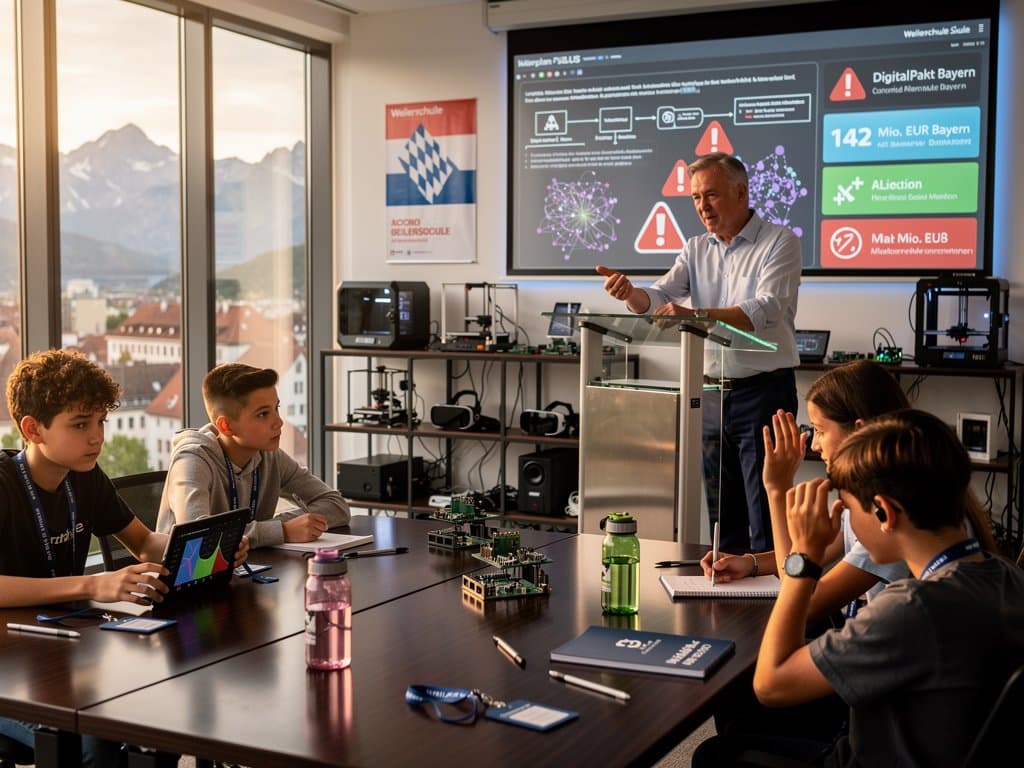 Lehrerin und Schüler diskutieren KI-Grenzen im Klassenzimmer der Weilerschule München mit Smartboard und Tablets
