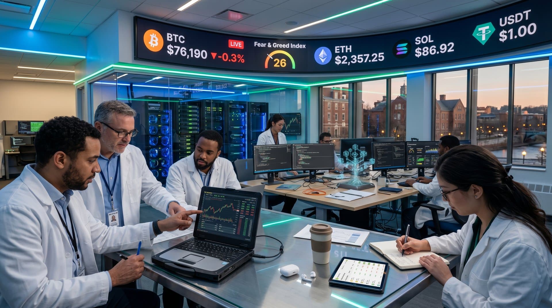 KI-Labor mit Crypto-Charts BTC 76.190 USD und AI-Tools