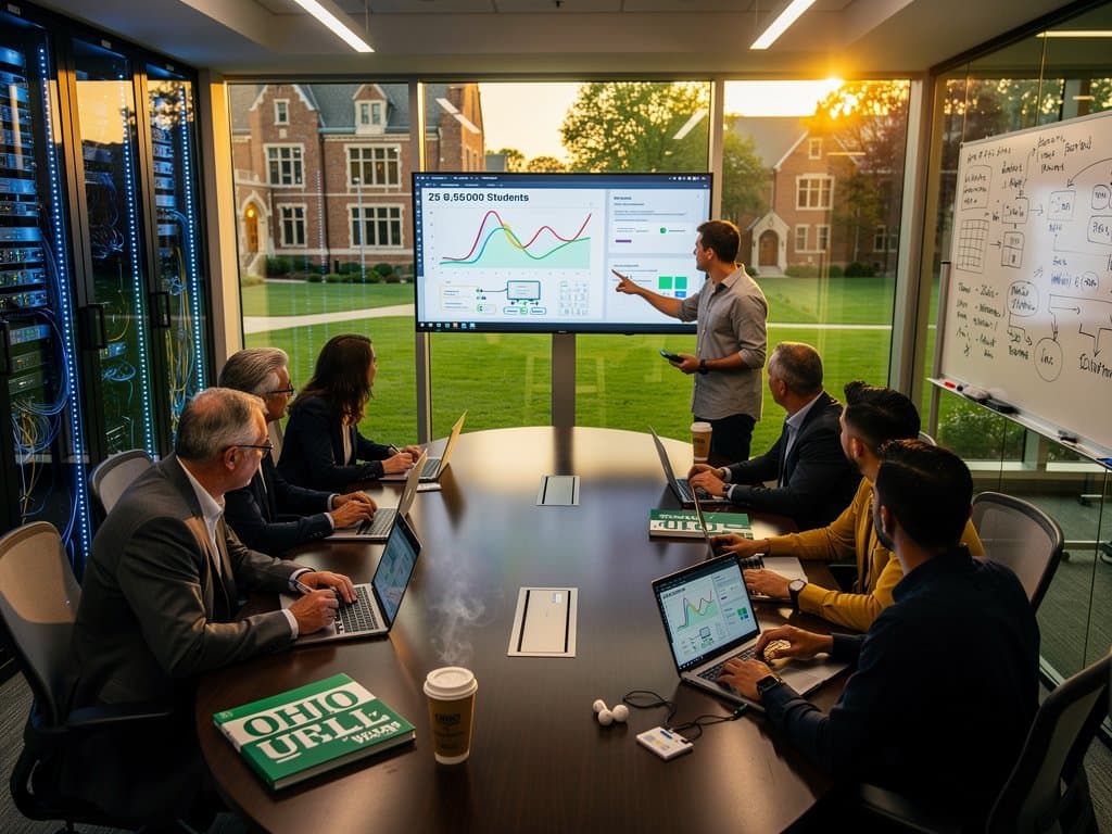 KI-Diskussion in Universitätsraum mit Touchscreens und Lernalgorithmen