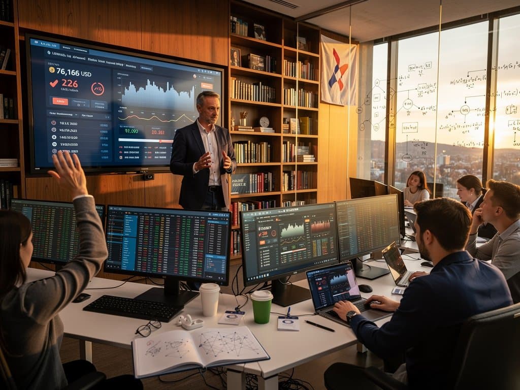 Professor erklärt BTC-Charts auf OLED-Bildschirm in LMU-Finanzvorlesungssaal mit Studenten an Bloomberg-Terminals und München-Licht