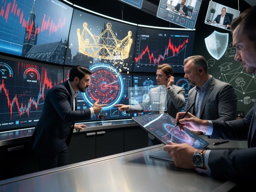 Zerbrechliche Krone über ChatGPT-Logo mit fallenden Crypto-Charts, Münchner Schulen und Fear-Index 26 im Tech-Stil