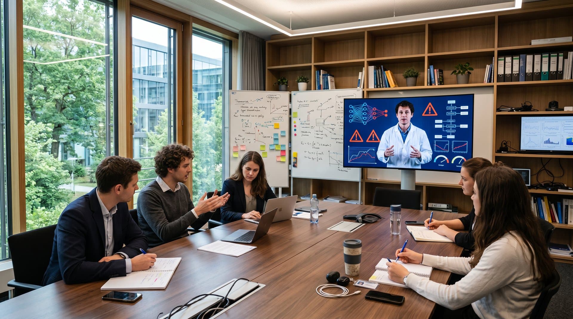 Abstrakte Szene: Seminarraum TU München mit Silhouetten bei Diskussion zu KI-Risiken, Monitor mit Grafiken und Whiteboards