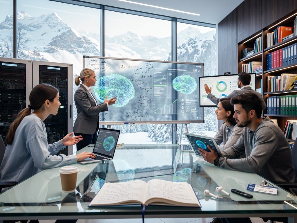 KI-Labor Universität mit Alpenblick: Displays zu neuronalen Netzen, Studenten an Laptops mit DigitalPakt-Daten