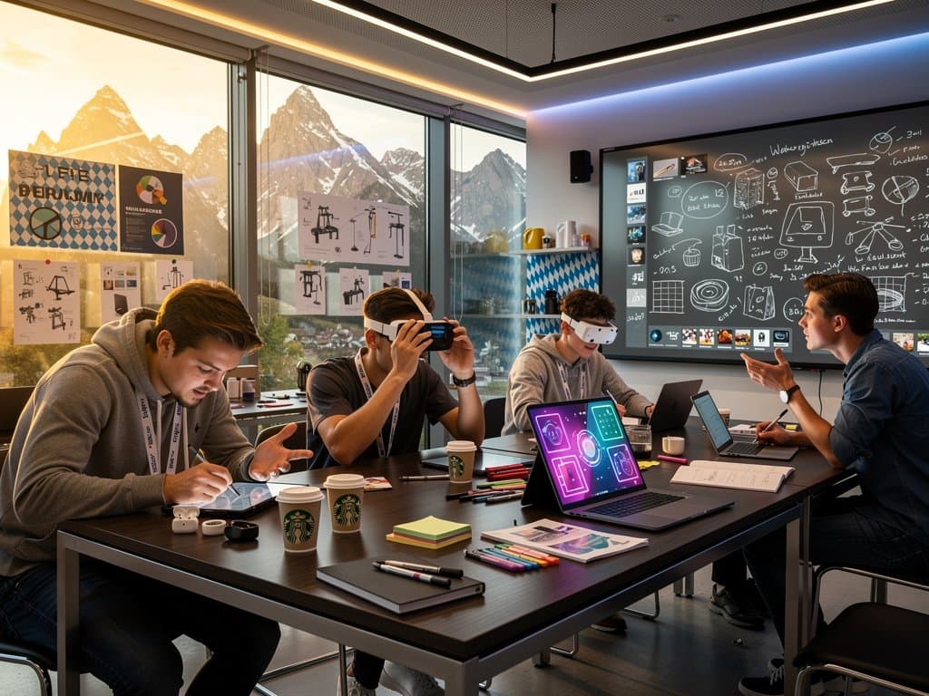 Studierende in Design-Klassenzimmer der Weilerschule München mit Claude AI-Displays und kollaborativen Projekten