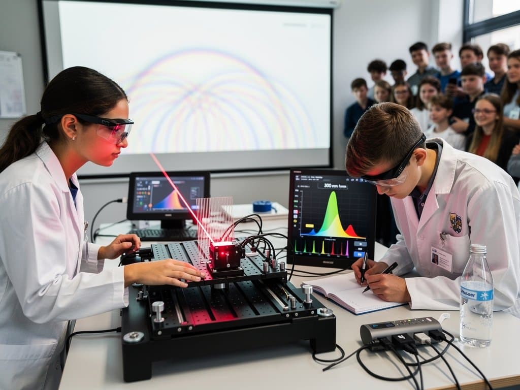 Schüler in Weilerschule München experimentieren mit tunbarem NIST-Laser: Beugungsexperiment, Spektrum auf Monitor, Lehrerin supervidiert
