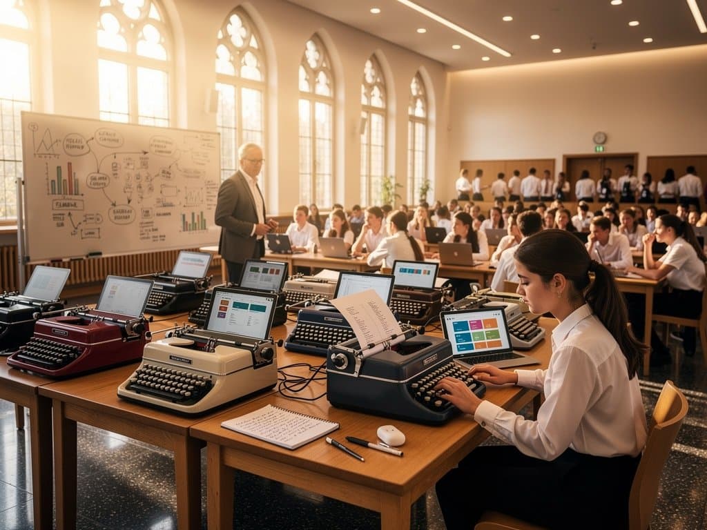 Vintage-Schreibmaschinen und Laptops in bayerischem Gymnasium-Hörsaal mit EdTech-Elementen