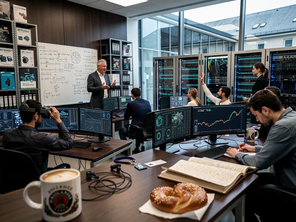 KI-Labor-Szene mit Monitoren zu neuronalen Netzen, Krypto-Charts und GPU-Servern in bayerischer Universität