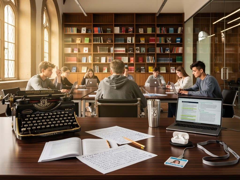 Vintage-Schreibmaschine als Anti-AI-Plagiat-Tool in bayerischem Gymnasialseminarraum