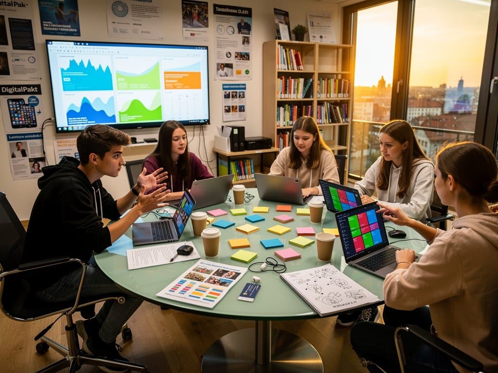 SMV-Treffen in Münchner Gymnasium mit KI-Tools auf Laptops und interaktivem Whiteboard