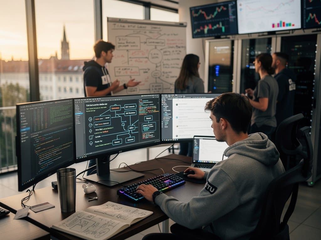Modernes Informatik-Labor der TU München mit Code-Bildschirmen, Whiteboards, Server-Racks und EdTech-Elementen