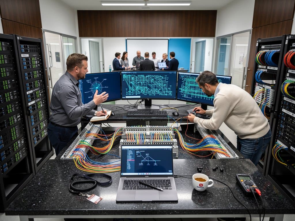 Modernes IPv6-Netzwerk-Labor mit Cisco-Routern, Monitoren und IoT-Diagrammen in Weilerschule München