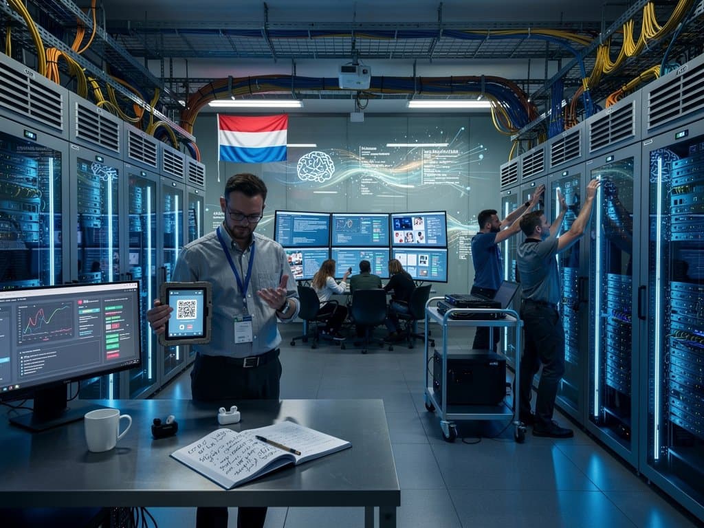 DevOps-Team in modernem Hetzner Data Center mit Server-Racks, Monitoring-Dashboards und Cloud-Migration-Tools