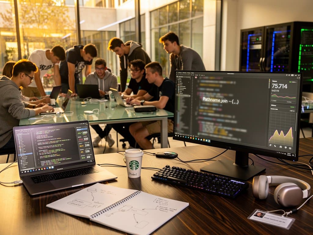 Studenten im EdTech-Klassenzimmer mit Ruby-Code, BTC-Charts bei 75.714 USD und Digitalpakt-Elementen