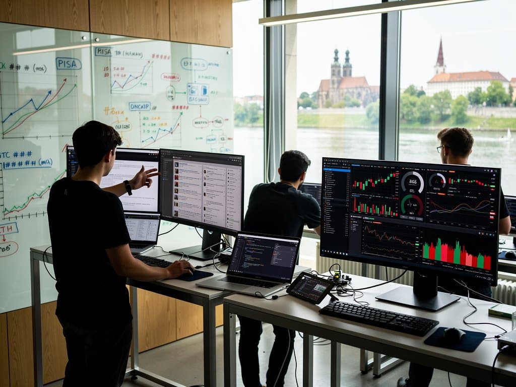 TU München-Studenten in EdTech-Makerspace mit Laptops, Hacker News, GitHub, Krypto-Charts und Digitalpakt-Elementen im bayrischen Tech-Umfeld