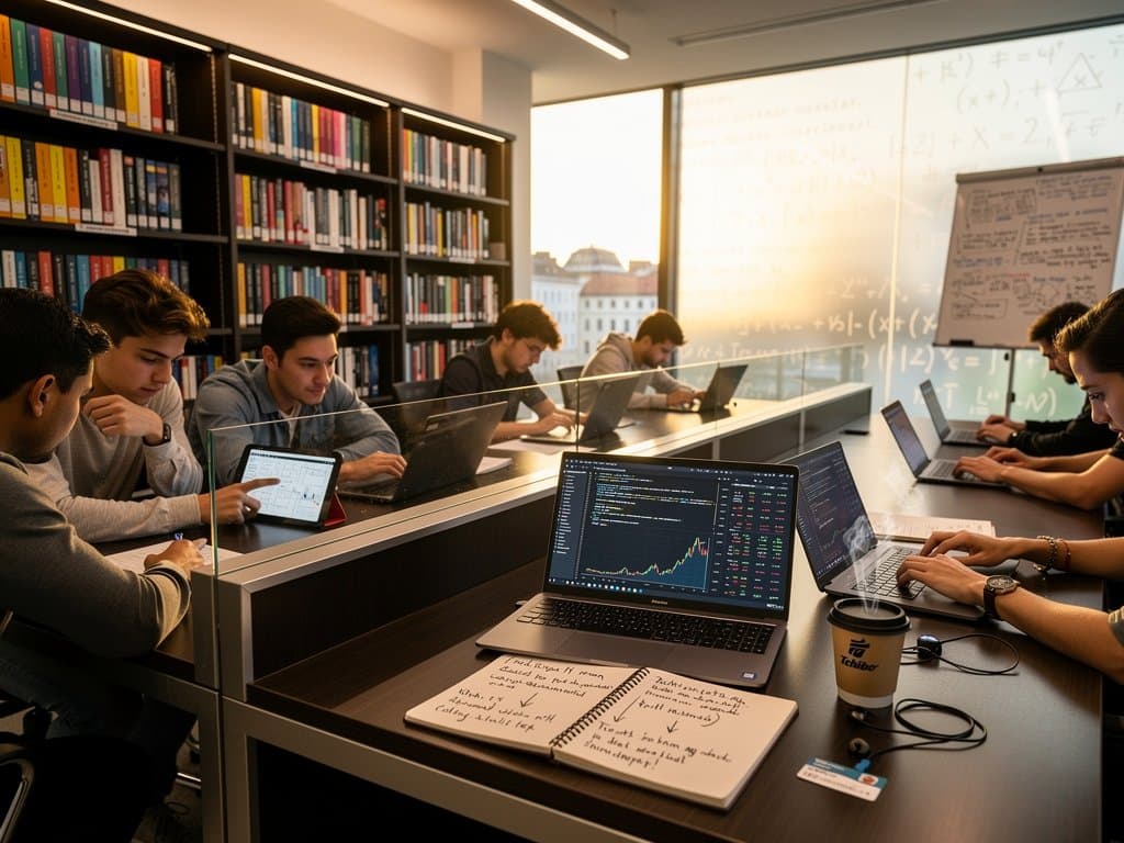 TU München Studierende mit Laptops, Hacker News und Code in moderner Bibliothek mit Stadtblick