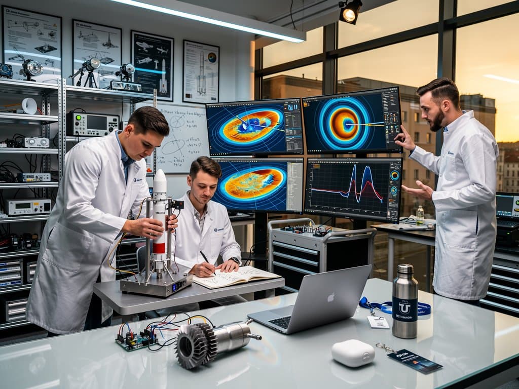 Abstraktes TU München Raketenlab mit New Shepard-Modell, Simulations-Monitoren und EdTech-Tools für STEM-Unterricht