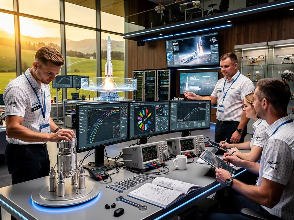Ingenieure im DLR-Labor Oberpfaffenhofen analysieren Blue Origin Raketenwiederverwendung-Daten auf High-Tech-Monitoren