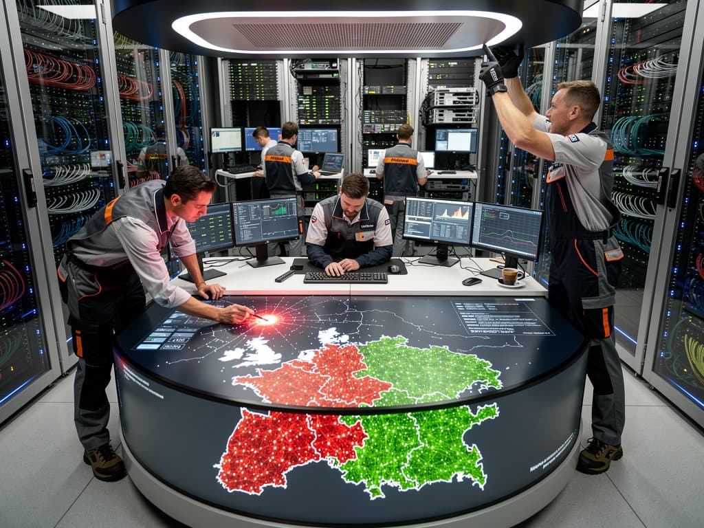 Serverhalle mit interaktiver Schweiz-Karte für E-Mail-Provider und Alpenblick