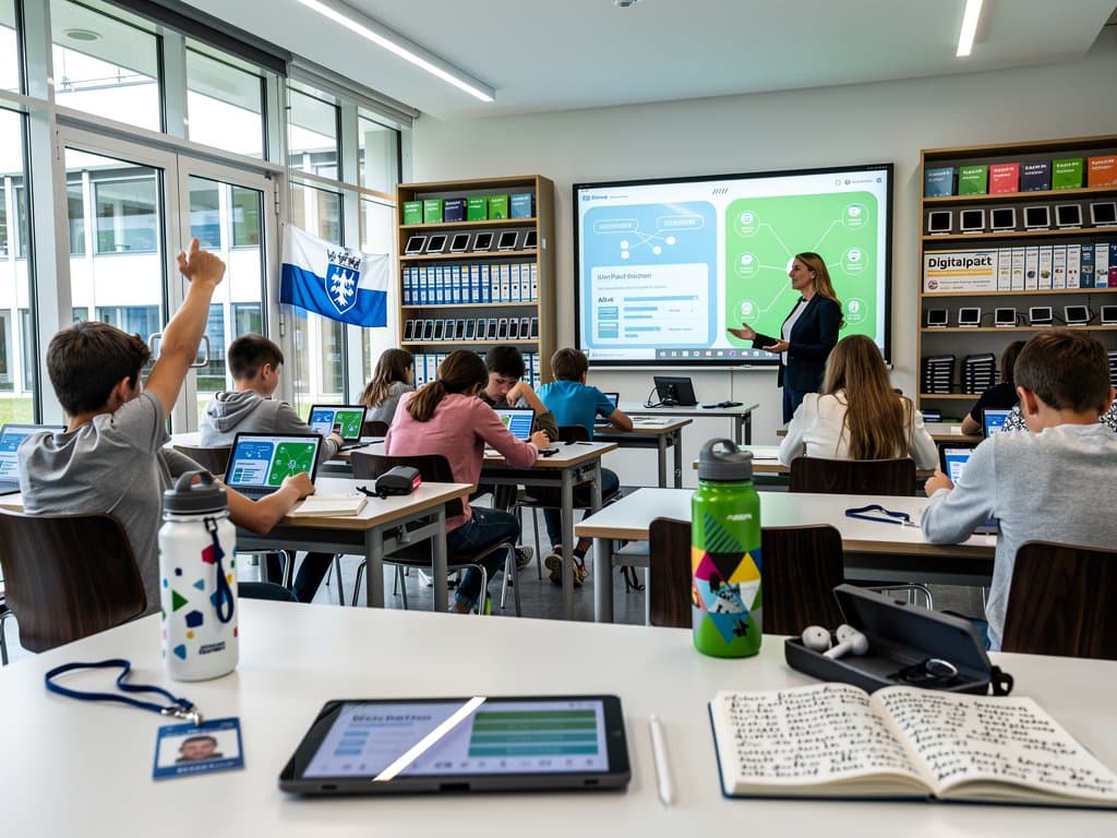 KI-integriertes Klassenzimmer in bayerischer Schule mit Tablets und interaktiver Tafel