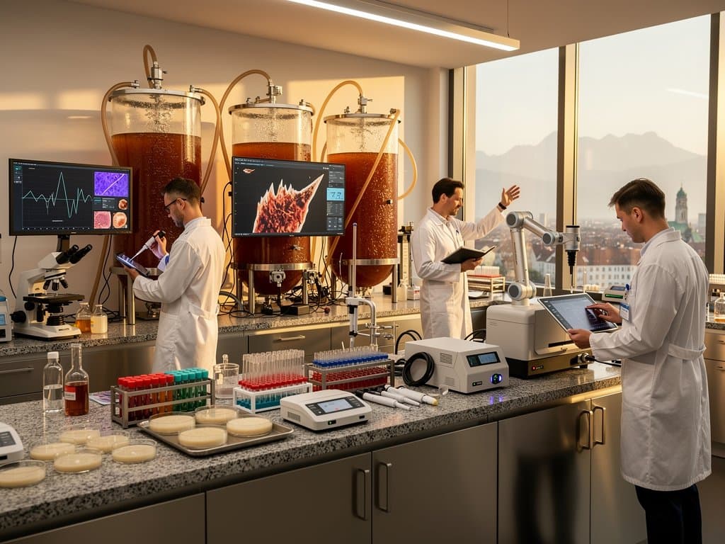 Modernes TUM-Biotech-Labor mit Fermentationsproben, Monitoren, Petrischalen und Münchner Skyline (78 chars)