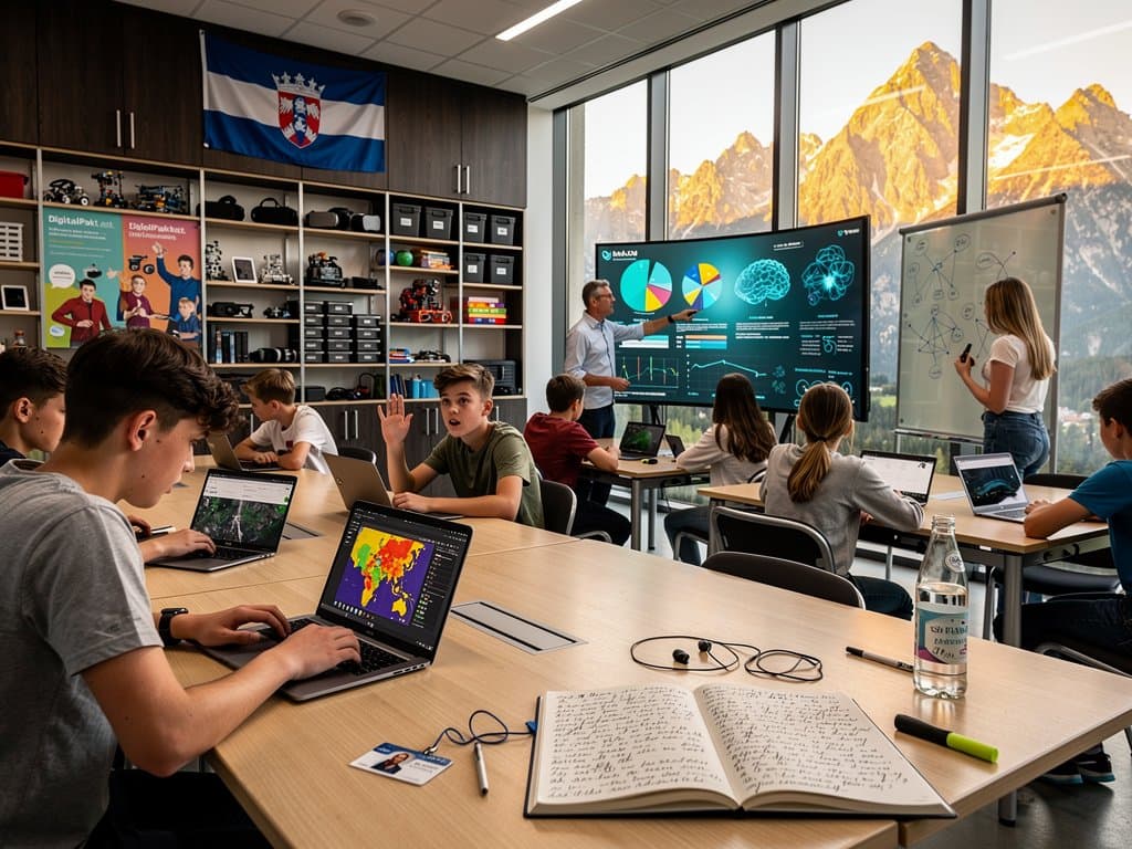Schüler in Münchner Gymnasium debattieren KI-Ethik vor Heatmaps und neuronalen Netzen.