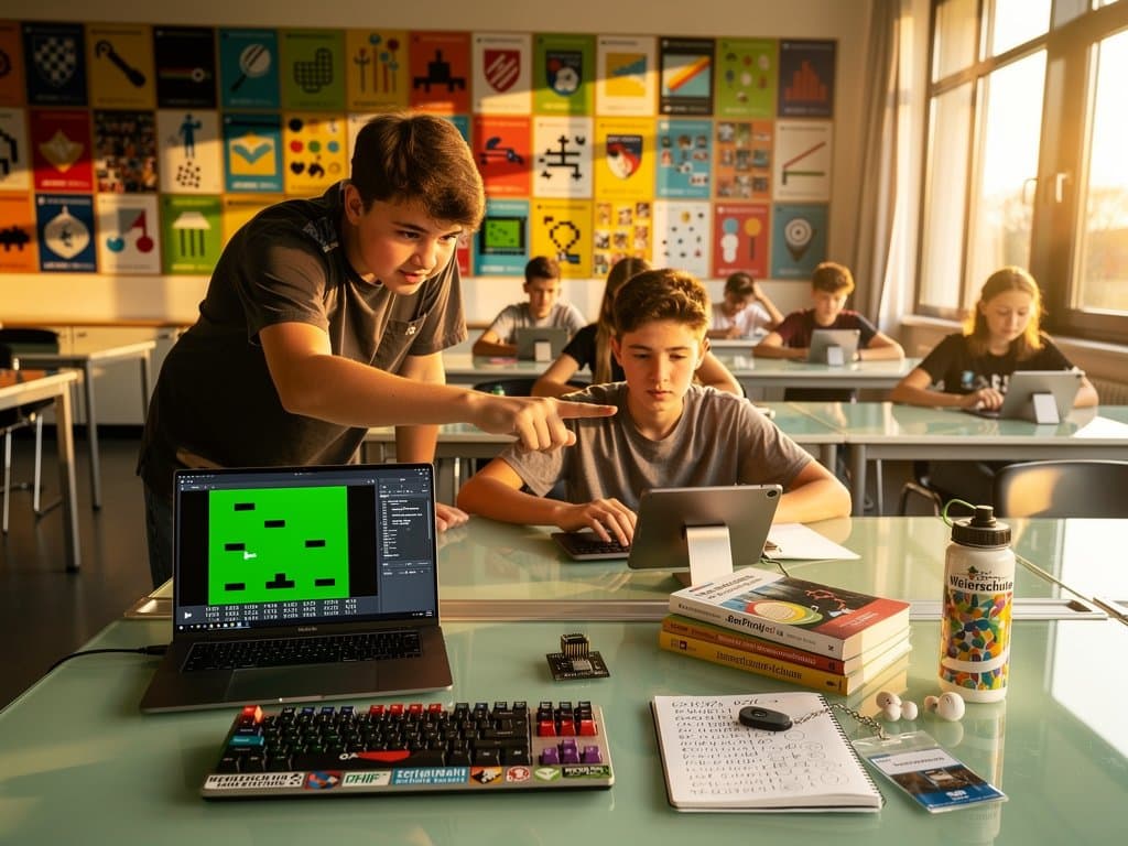 CHIP-8 Emulator am Laptop in Weilerschule München Klassenzimmer mit Retro-Spiel, Opcodes und Digitalpakt-Elementen