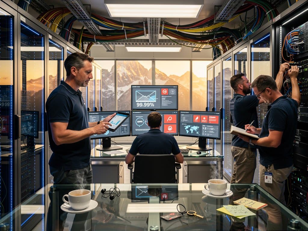 Schweizer Rechenzentrum mit E-Mail-Daten und Sicherheitssymbolen