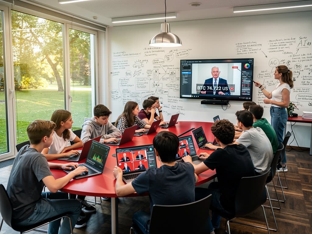Schüler in Münchner Schulklasse analysieren Deepfakes auf Laptops mit Lehrerin, Whiteboards und Projektor im hellen Raum