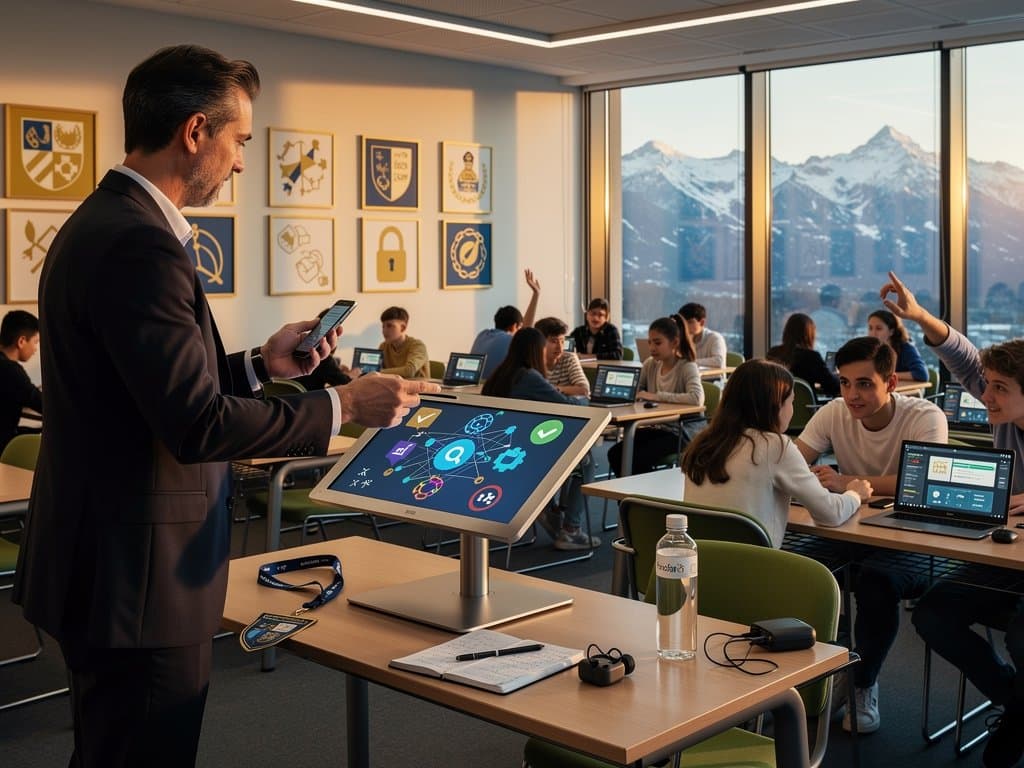 Lehrer und Schüler in Weilerschule München nutzen sichere AI-Agenten mit Gesichtsscan und Blockchain-Symbolen