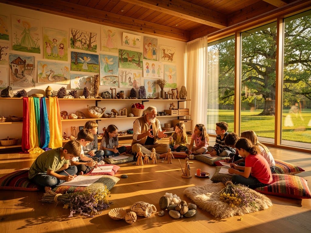Kinder im Kreis hören Lehrer im Waldorf-Klassenzimmer der Weilerschule München ein Märchen ohne KI-Tech