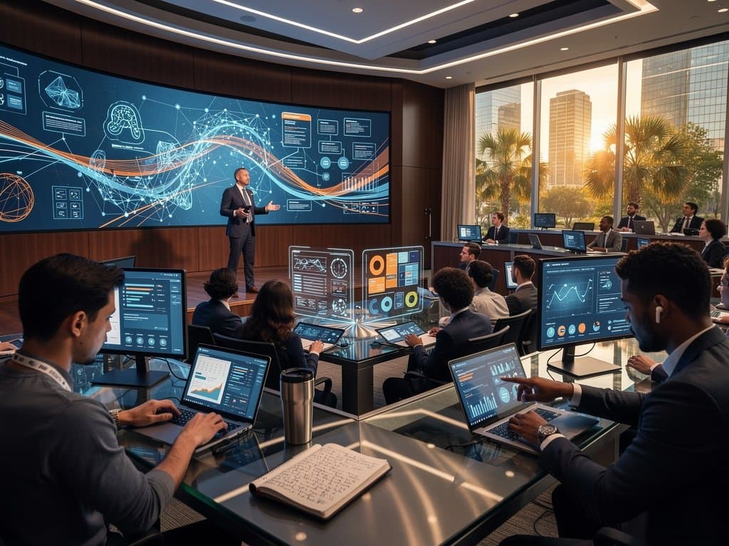 KI-Unterricht in modernem Jura-Hörsaal: Professor erklärt Tools, Studierende an High-Tech-Arbeitsplätzen