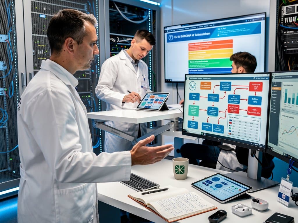 Forscher in TU München AI-Labor analysieren Fehler-Matrizen an High-End-Monitors mit GPU-Racks und München-Skyline im Hintergrund