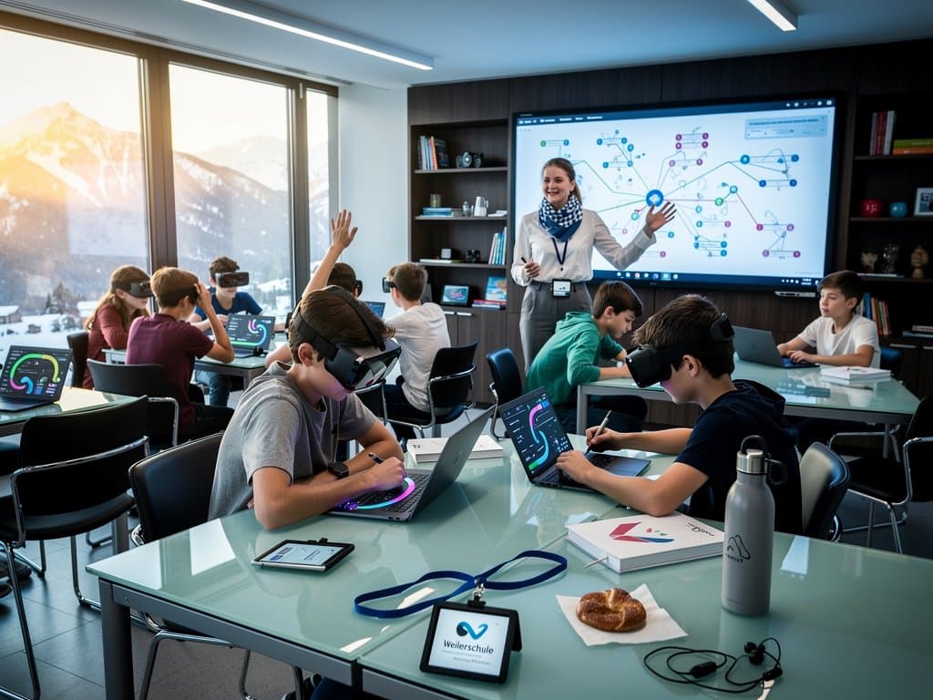 Schüler und Lehrer in Weilerschule München nutzen KI für personalisiertes Lernen in modernem Klassenzimmer
