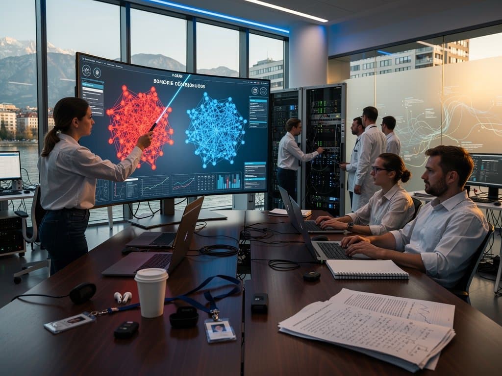 Abstraktes KI-Labor mit polarisierten Debatten-Visuals, Servern und München-Blick