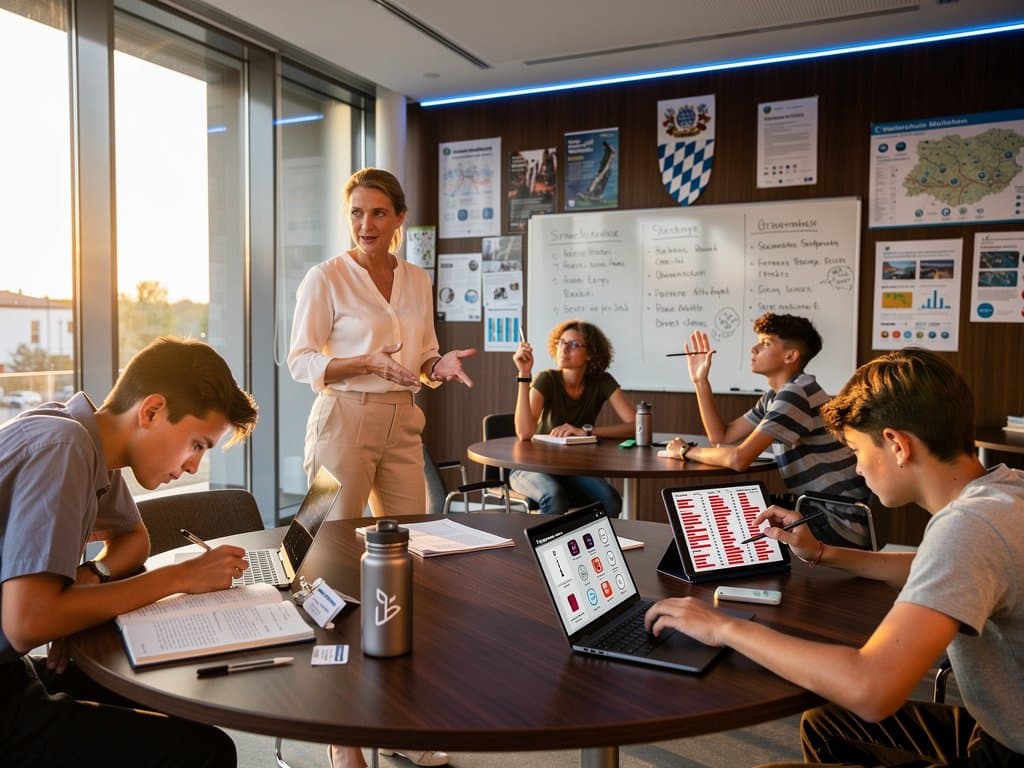 Lehrerin und Schüler bei KI-Peer-Review-Workshop in Weilerschule München Klassenzimmer mit Detektoren und Whiteboard-Strategien
