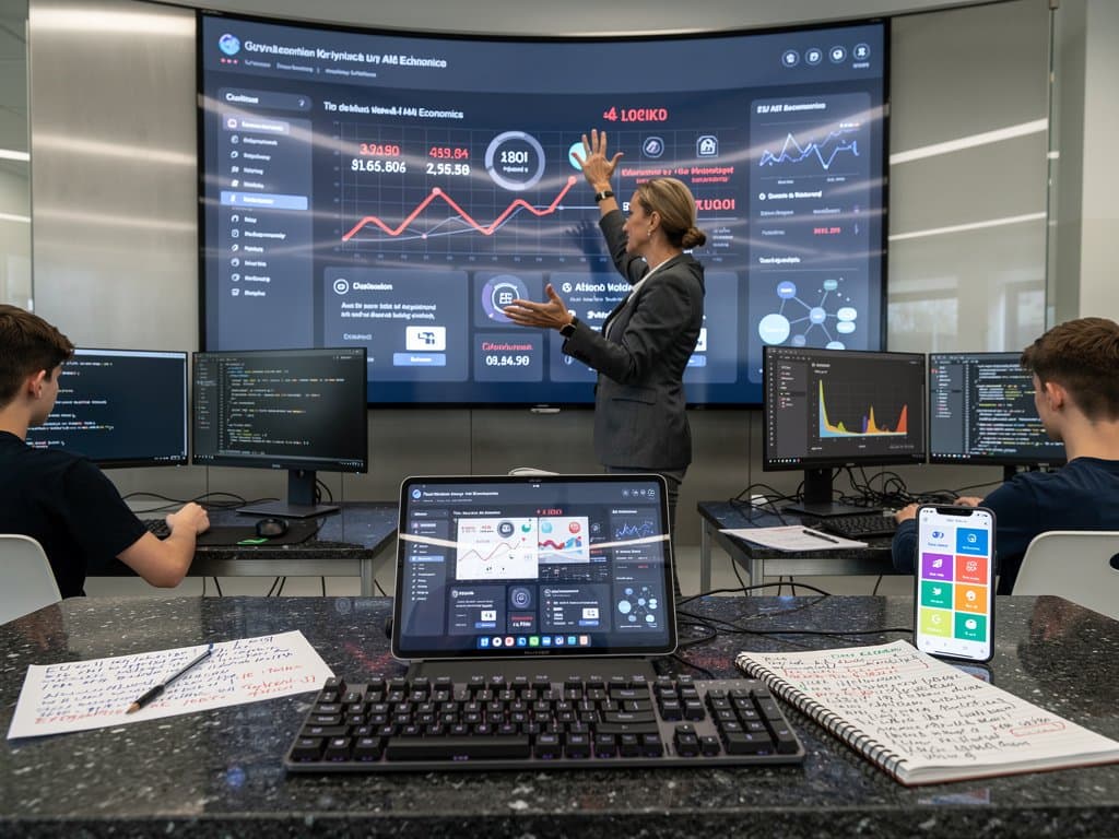 KI-generierter Lehrplan mit Fehlern auf Monitor in modernem Münchner EdTech-Labor