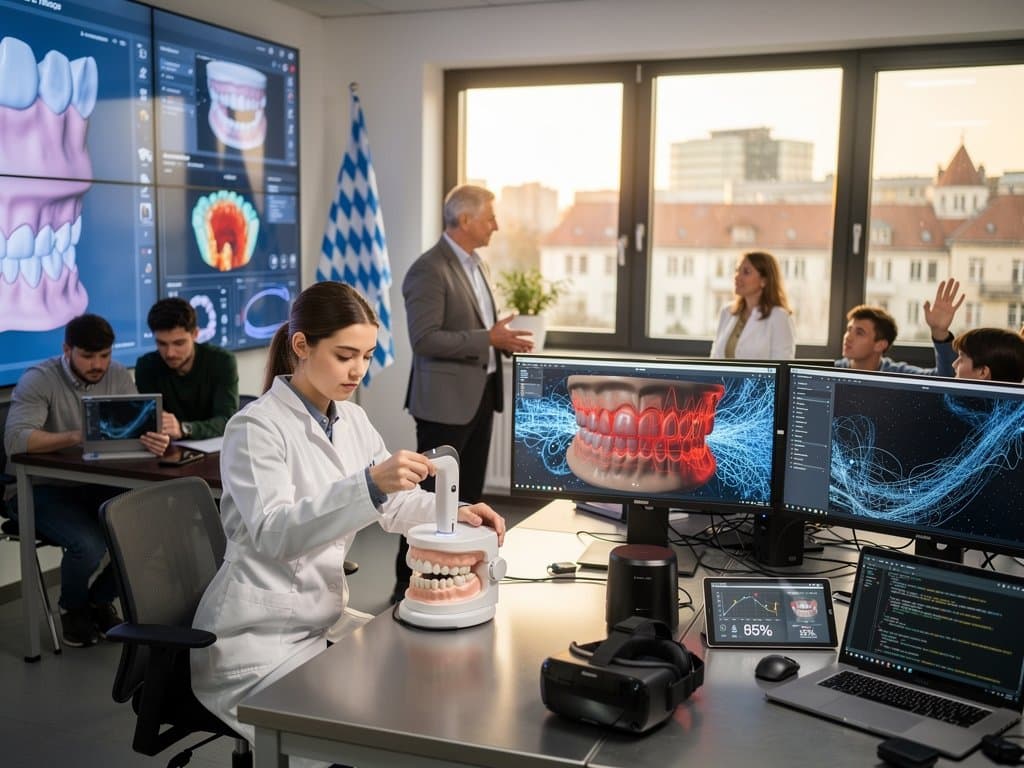 Studenten in Weilerschule München KI-Labor analysieren Zahnscans mit Overlays