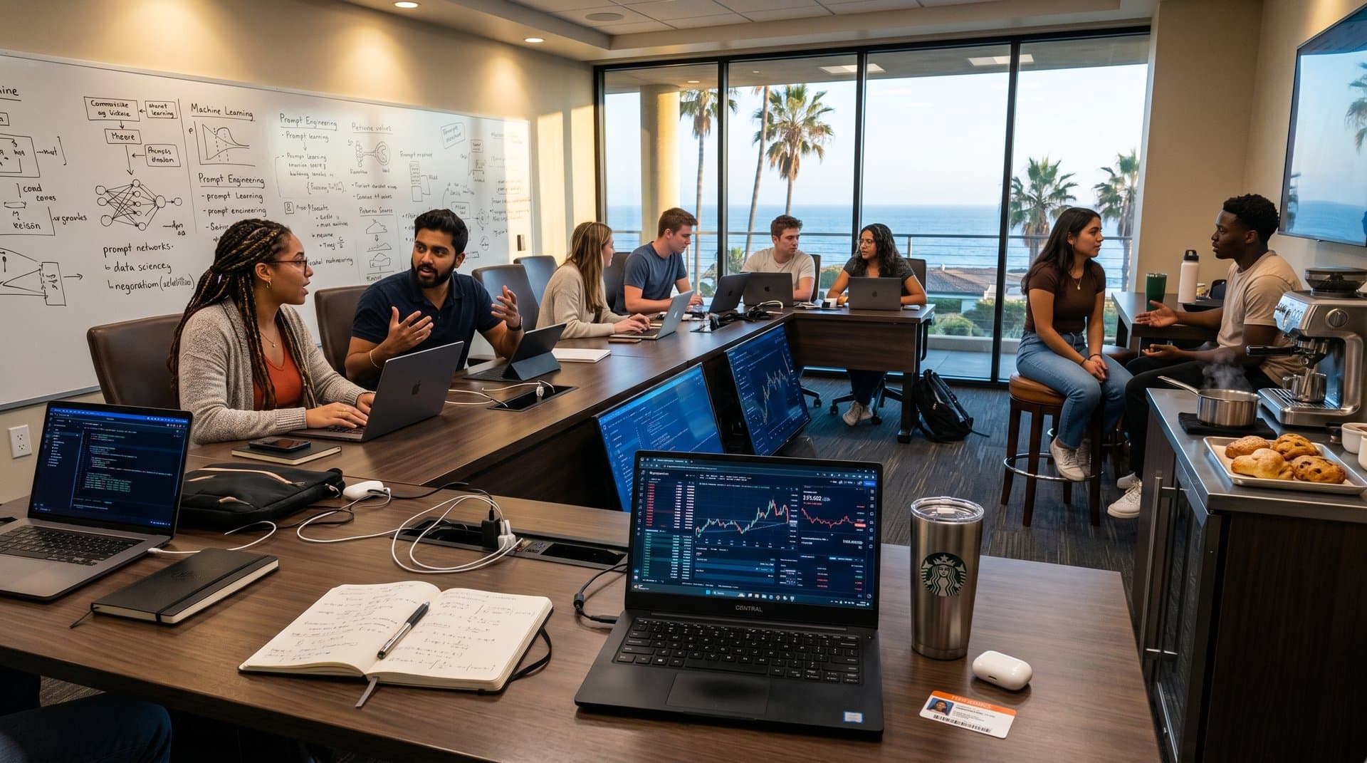 Studenten im Pepperdine-Klassenzimmer analysieren KI-Modelle mit Crypto-Charts am Pazifik-Campus