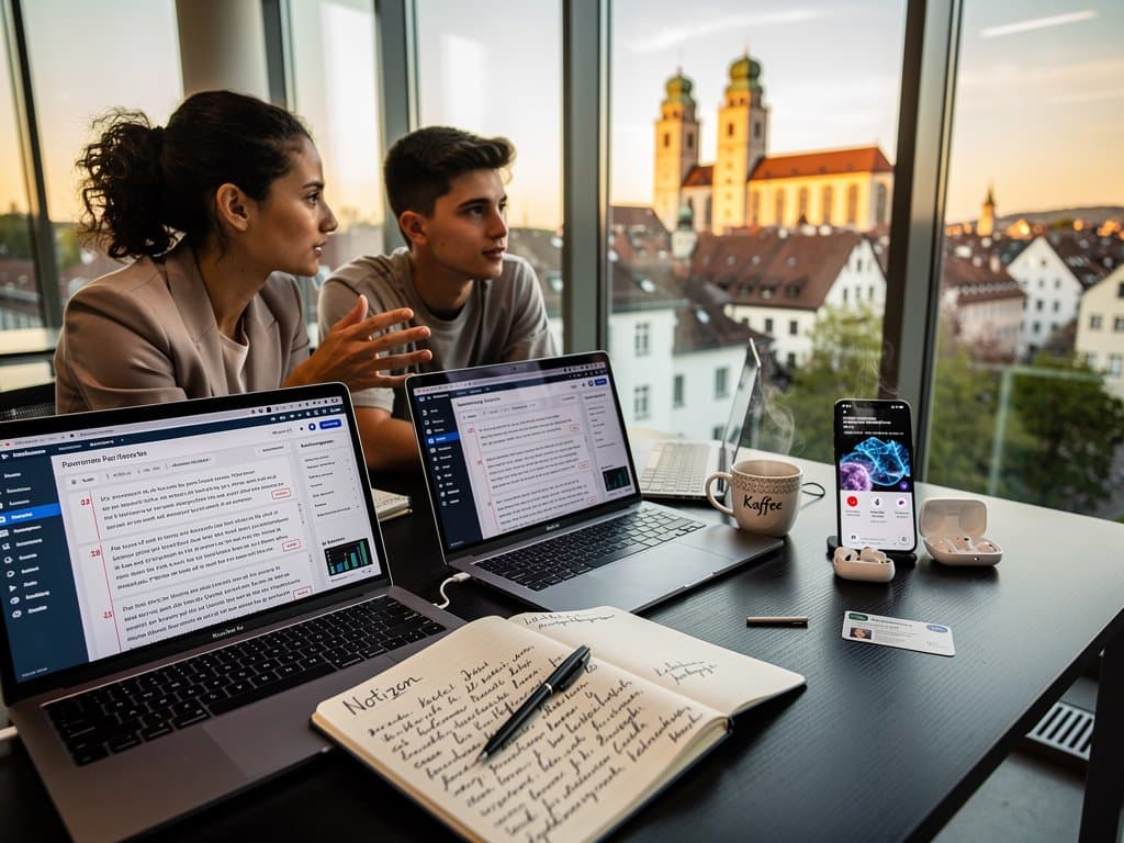 Studenten in Weilerschule München prüfen KI-Peer-Reviews in modernem Klassenzimmer mit Laptops und Whiteboards (98 chars)