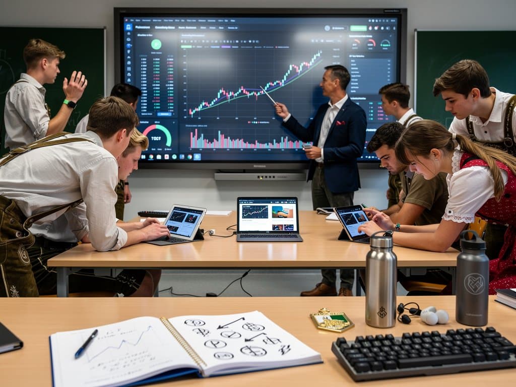 Klassenzimmer Weilerschule München: Schüler analysieren Krypto-Charts mit Fear & Greed Index 33 und Motley Fool-Hype am Whiteboard