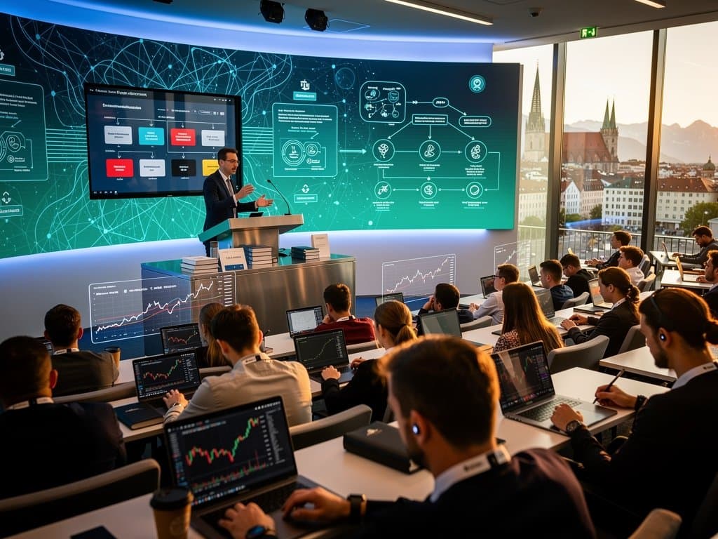 Blockchain-Ethik-Vorlesung TU München: IRGC-Projekt auf Screen, Studenten mit Crypto-Charts