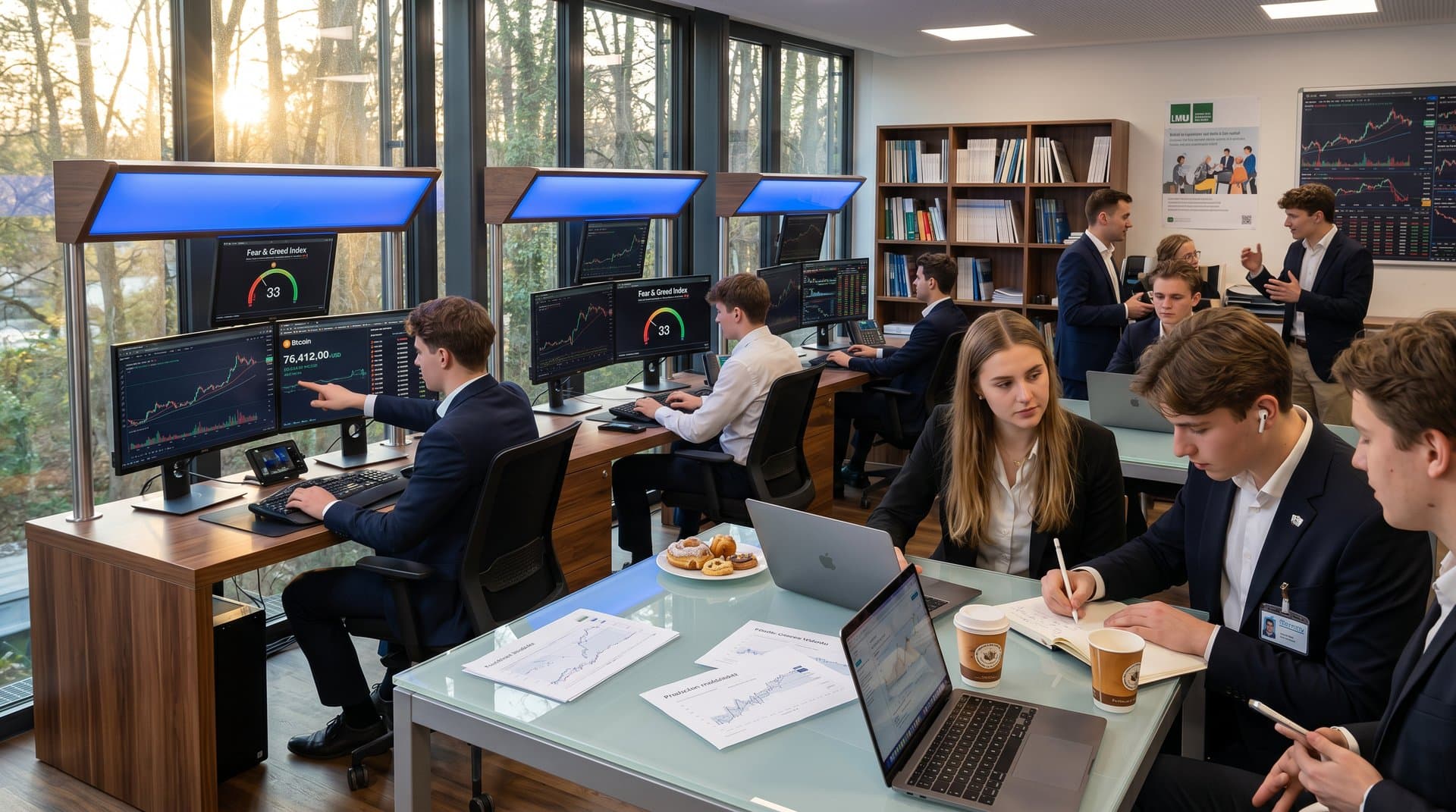 Schüler analysieren Bitcoin-Charts in Weilerschule Trading-Lab mit Prognosen und Fear & Greed Index