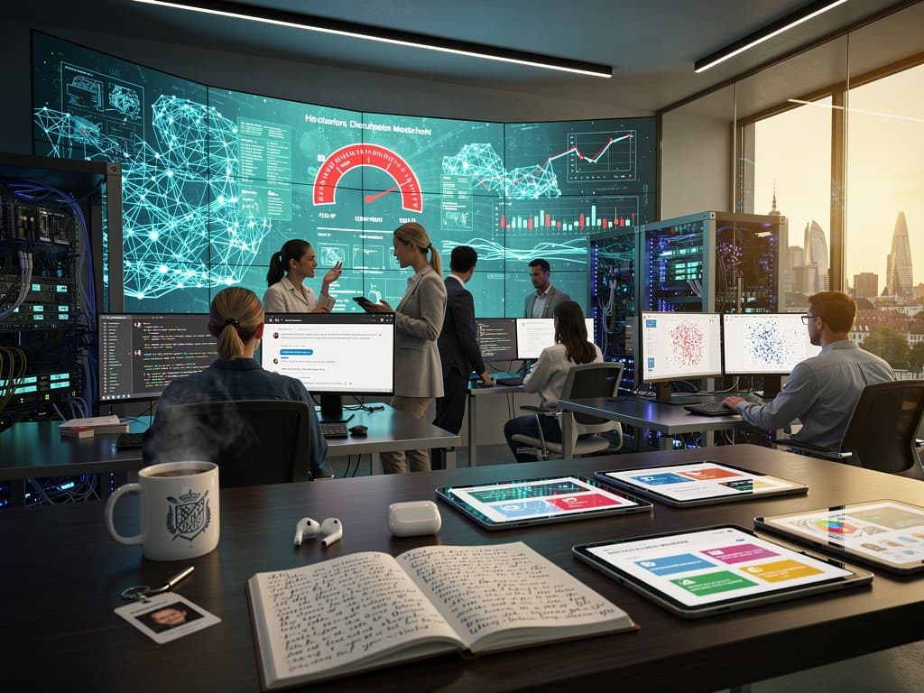 EdTech-Labor mit LLM-Diagrammen, Crypto-Charts und GPU-Racks in München