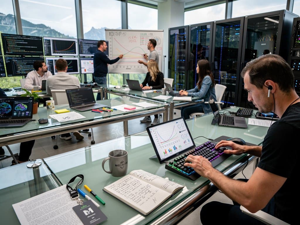 Bayerisches EdTech-Labor: Monitore mit KI-Charts, Server, Whiteboards in modernem Ambiente