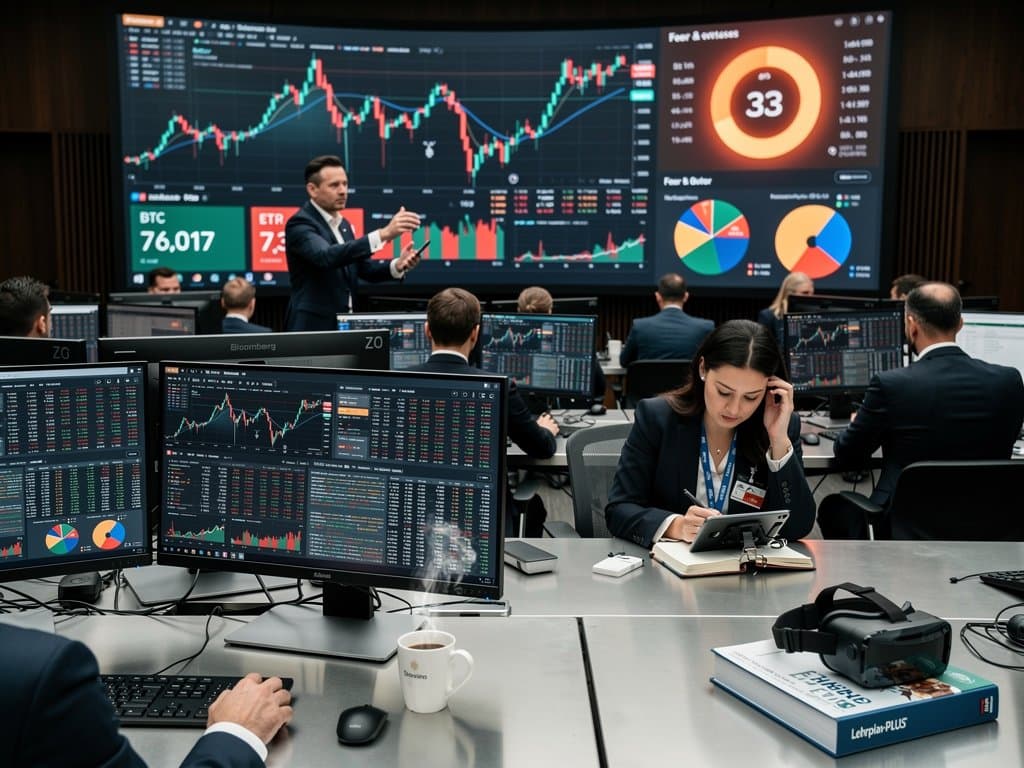 Crypto-Charts Fear & Greed Index 33 und Schwab-Warnung in EdTech-Trading-Raum